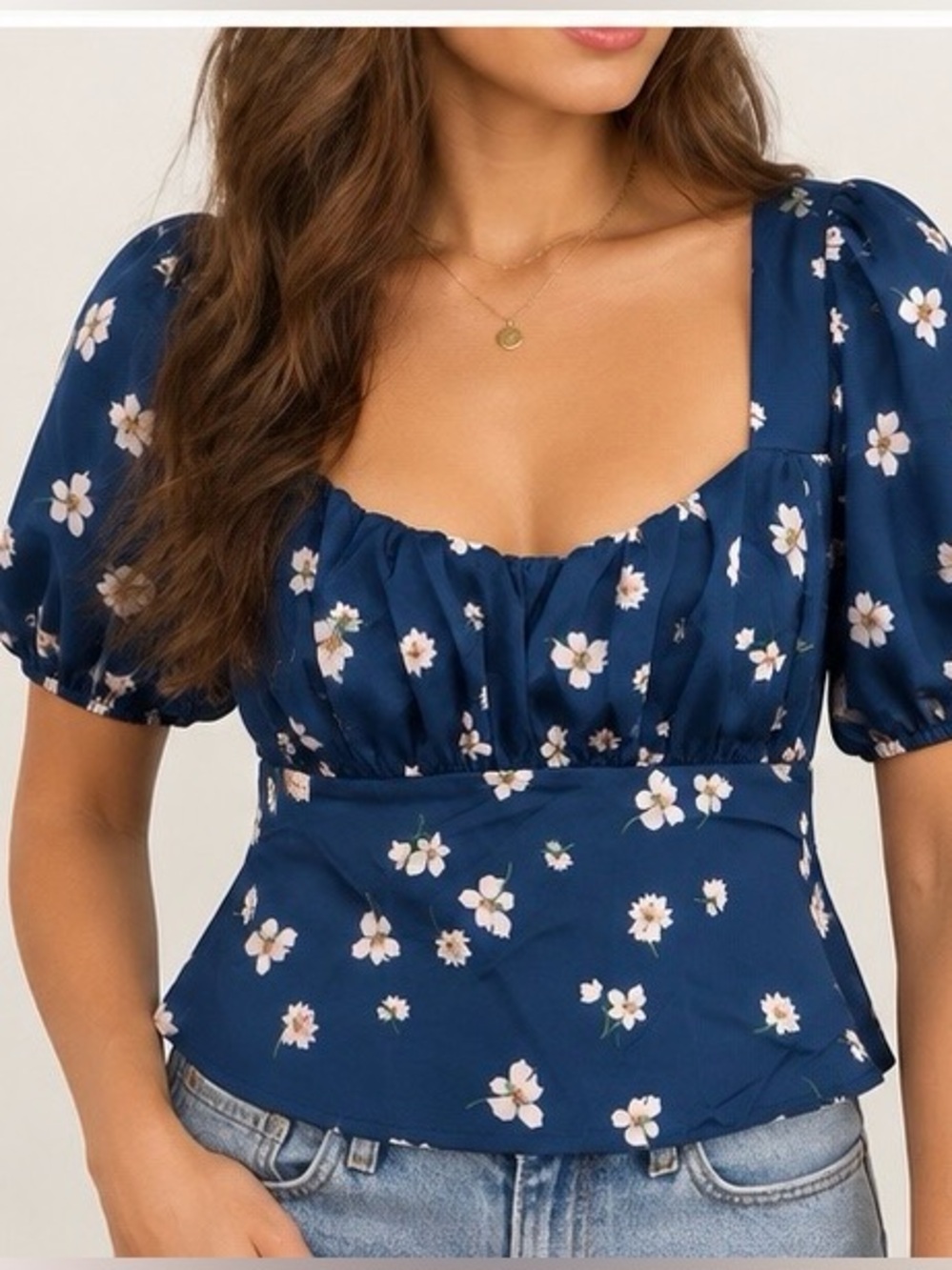 Wayf Navy Blue Floral Square Neck Puff Sleeve Blouse